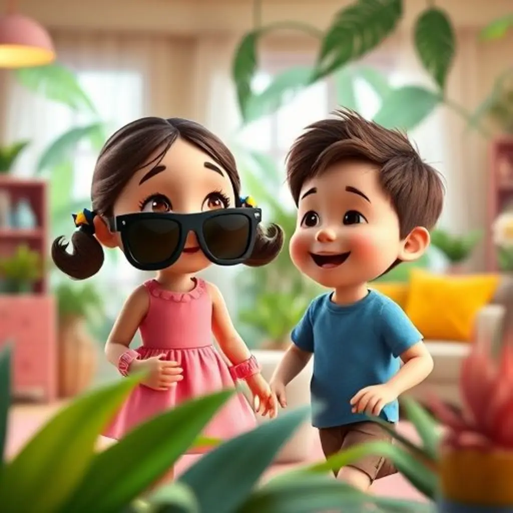 Leo y Mia riendo mientras exploran una sala de estar convertida en una selva mágica con Reflejo.