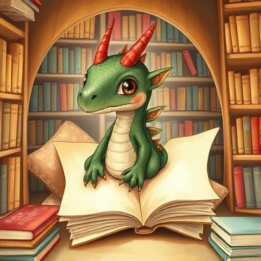 Kico el Bibliodrilo feliz en un rincón secreto de la biblioteca, leyendo un pergamino.