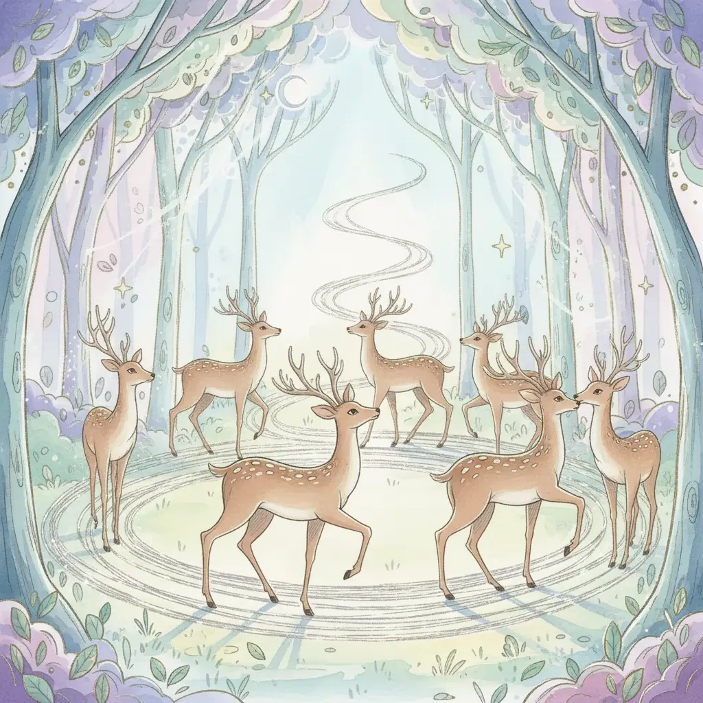 Ciervos elegantes danzan en un camino de hilos plateados.