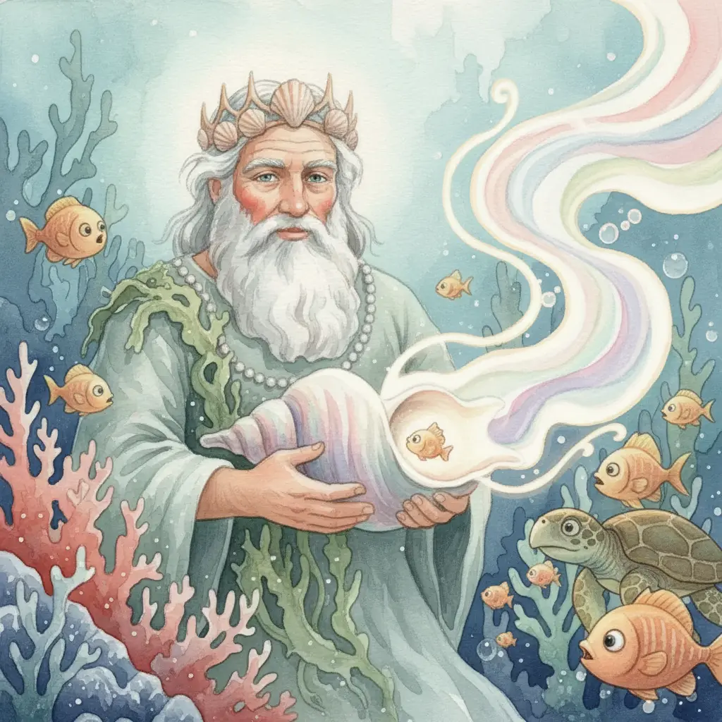 La concha en la mano de Poseidón brilla y emite ondas de luz, asombrando a las criaturas marinas que la miran.