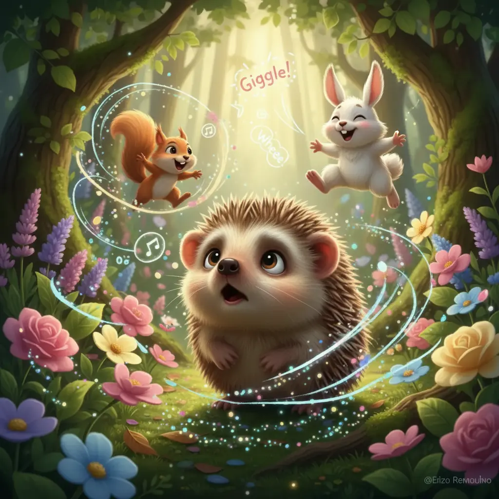 El bosque entero baila y ríe contagiado por el polen mágico, mientras Remolino observa sorprendido.