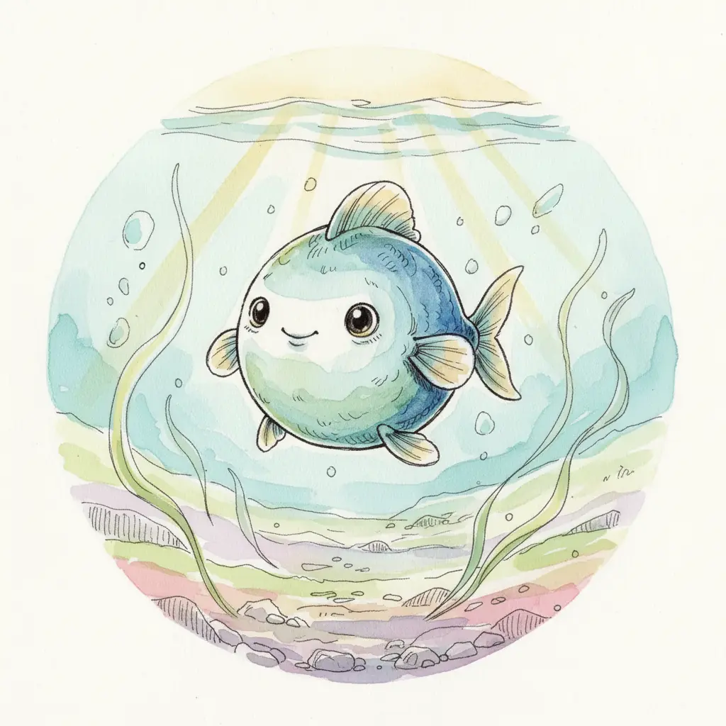 Burbuja, un pececito redondo, nada suavemente entre algas verdes en el río.