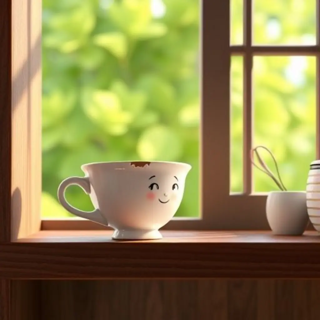 Tacita Bella, una tacita con un pequeño cascado, sentada en una estantería de cocina, mirando con nostalgia hacia un jardín.