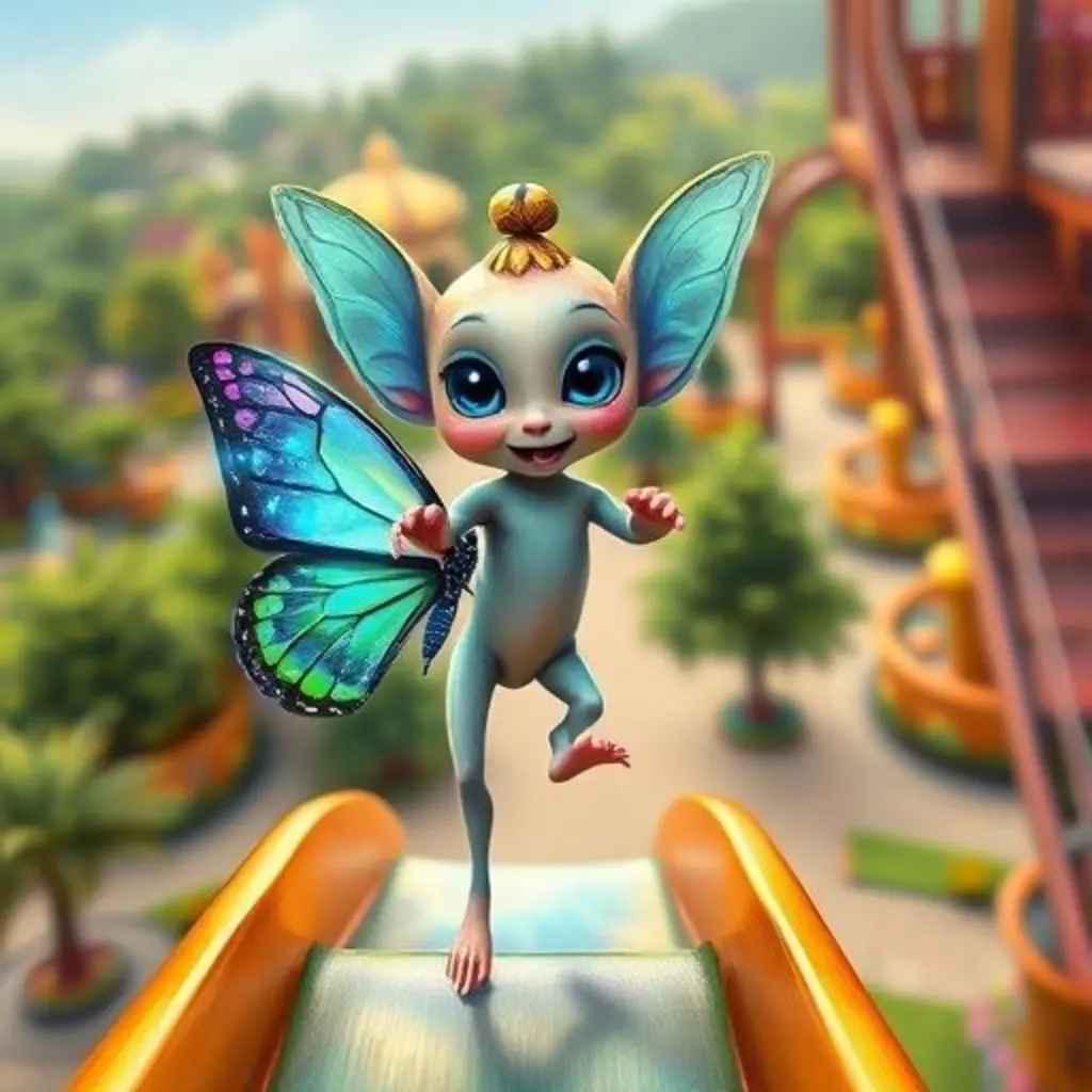 Nuno, el ser brillante, está en la cima del tobogán, sostenido por una mariposa de mil colores, mirando sorprendido.