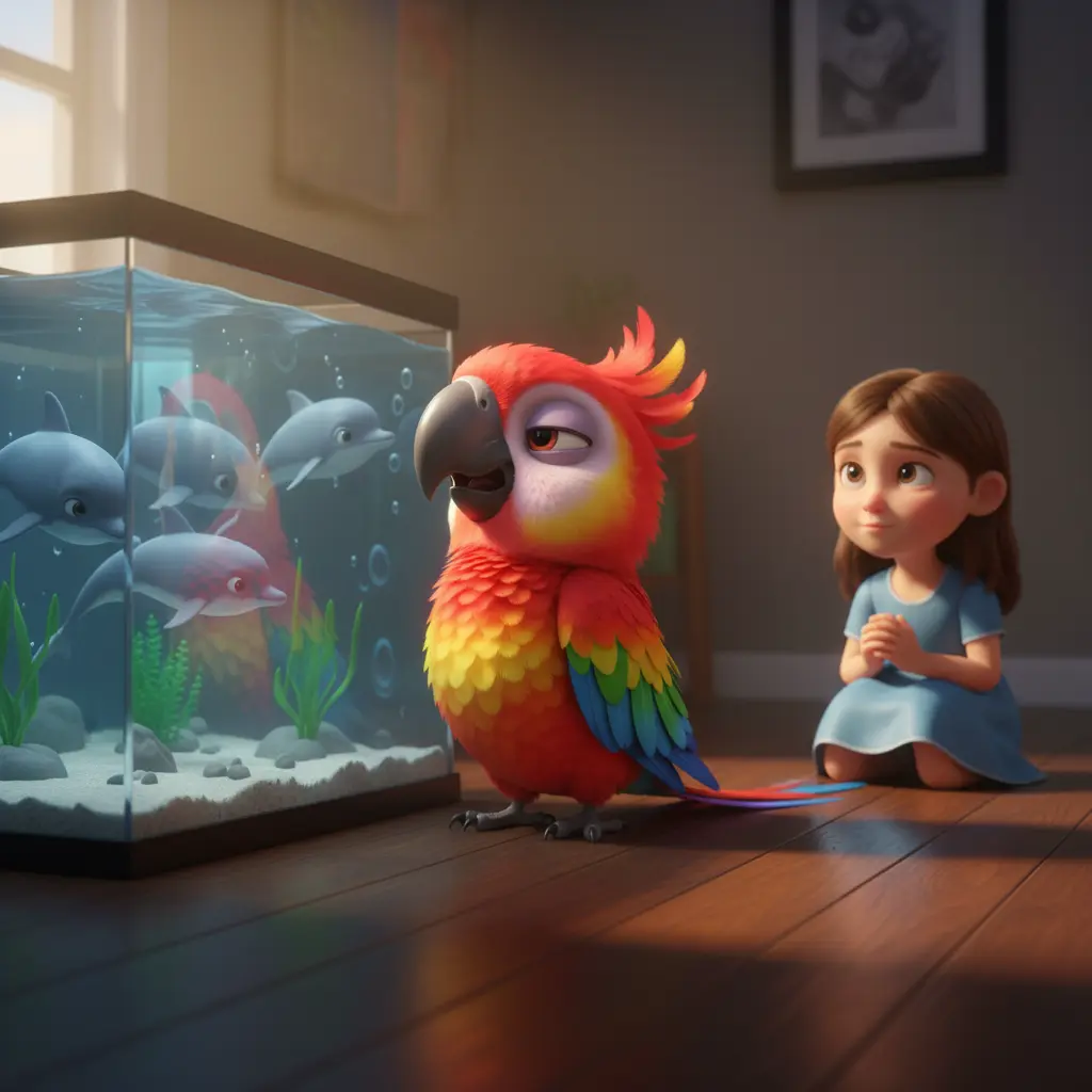 Lolo, el loro, frustrado junto a un acuario, intenta imitar sonidos mientras Sofi lo observa con ternura.