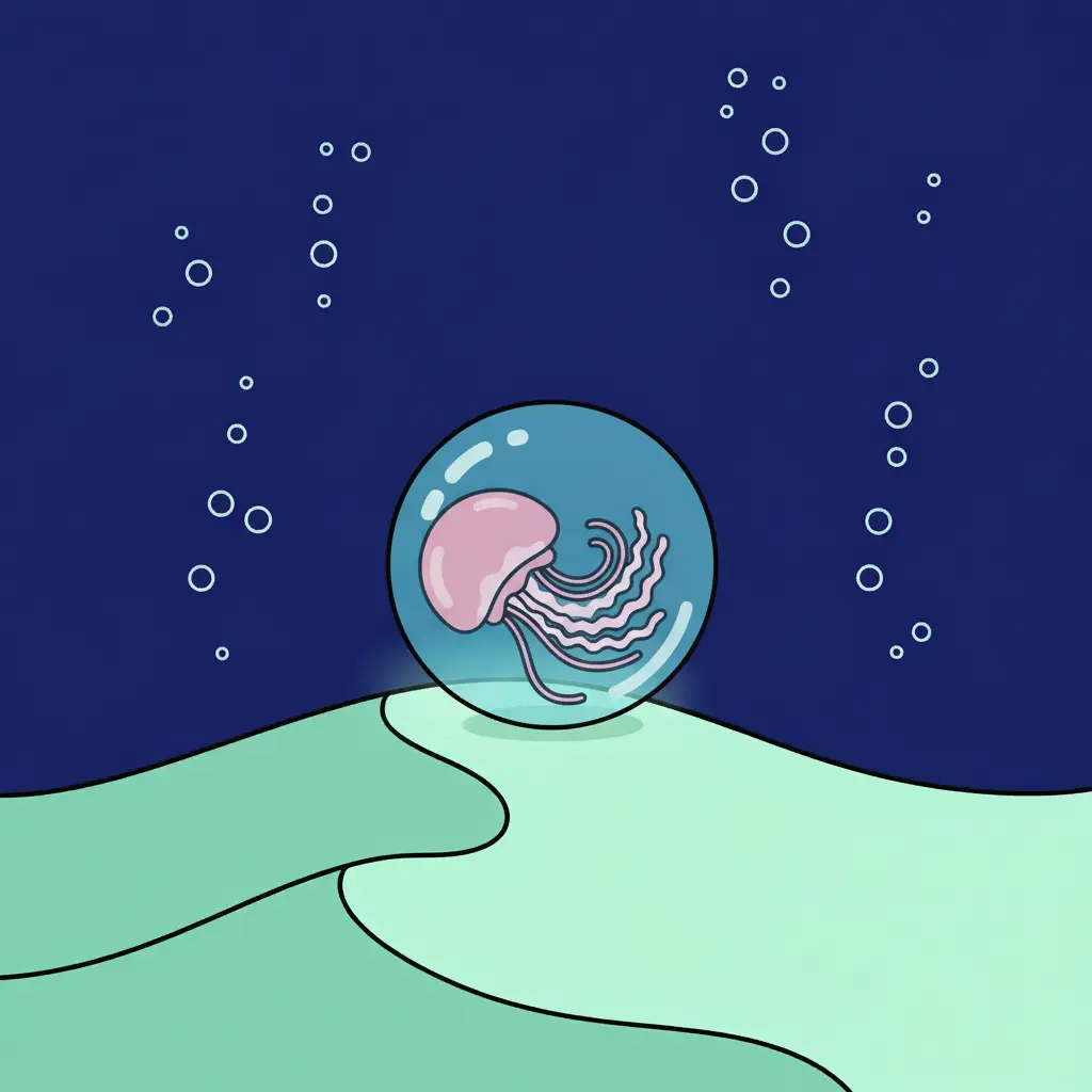 La medusa rosa descansa dentro de la burbuja azul sobre la arena verde.