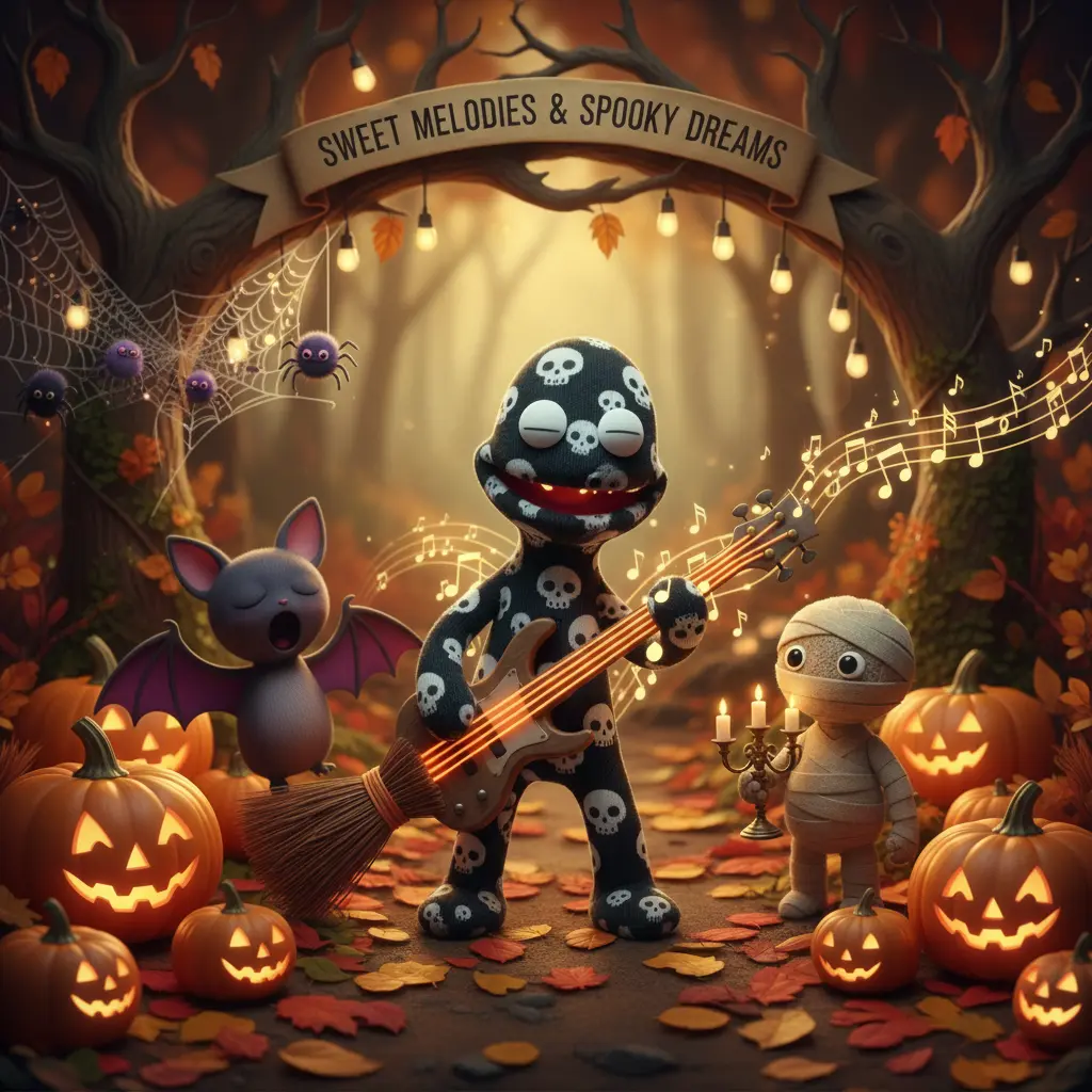 Arañas bailan y calabazas bostezan con la dulce música de Calixto, quien sonríe feliz.