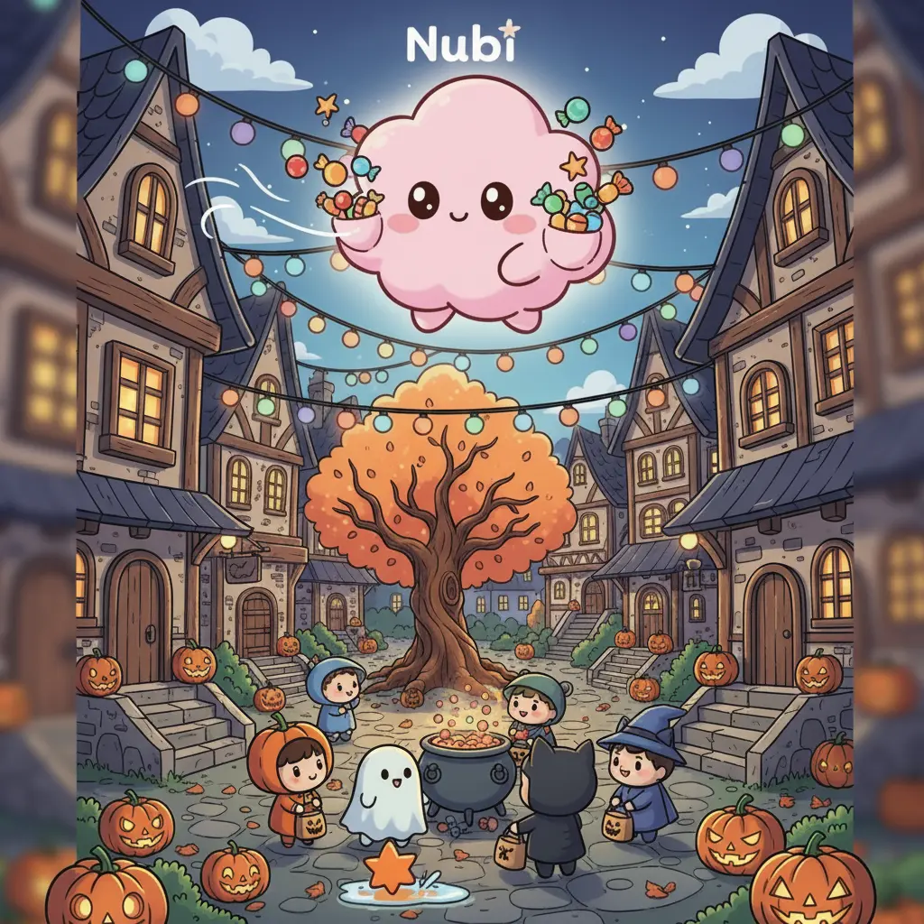 Nubi, una nube rosa de caramelo, flota emocionada sobre un pueblo de Halloween mientras un caramelo cae al agua.