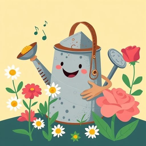 Rociadora, feliz, riega flores que crecen fuertes y brillantes.