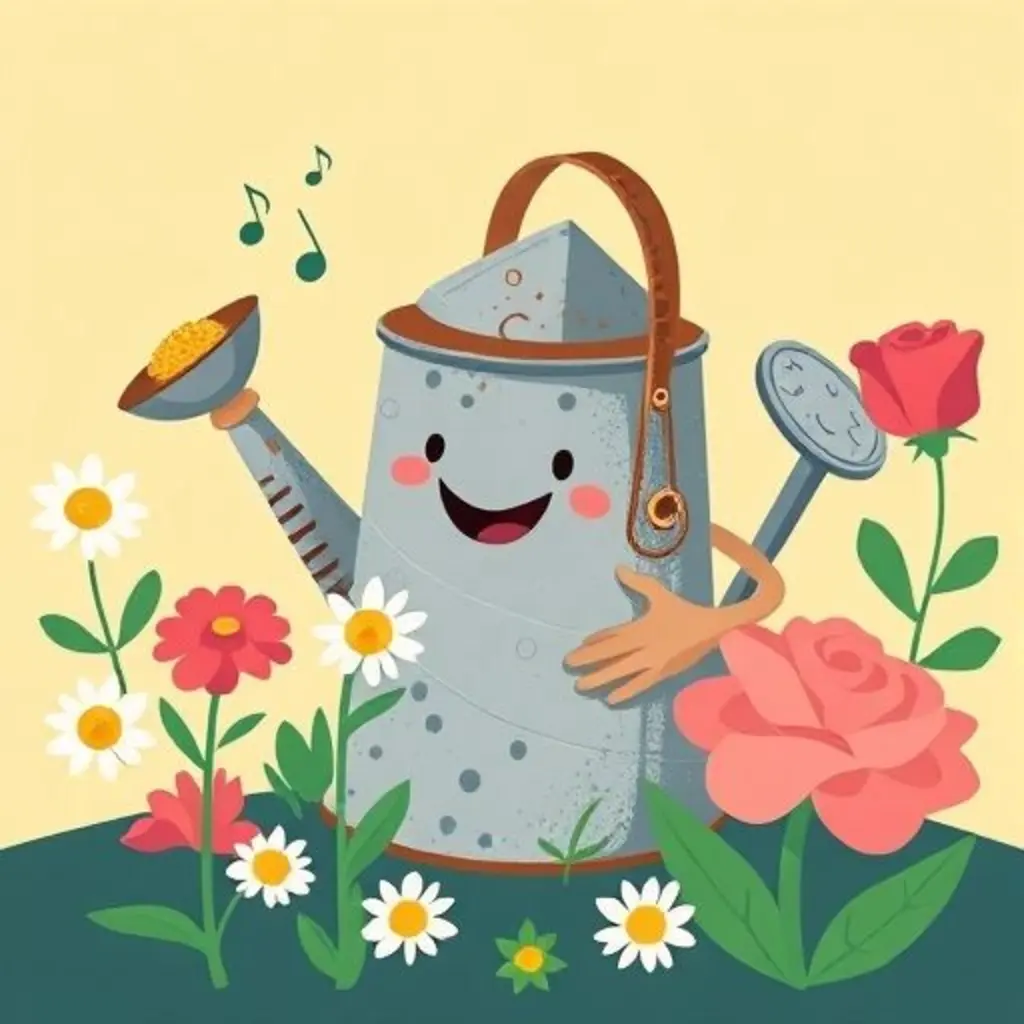 Rociadora, feliz, riega flores que crecen fuertes y brillantes.