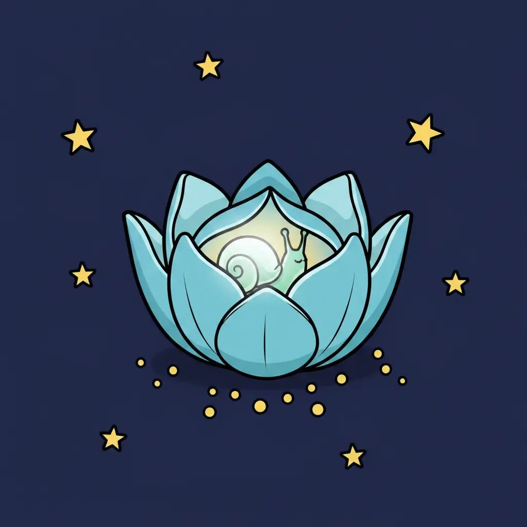 Omi acurrucado dentro de la flor azul mientras los pétalos se cierran.