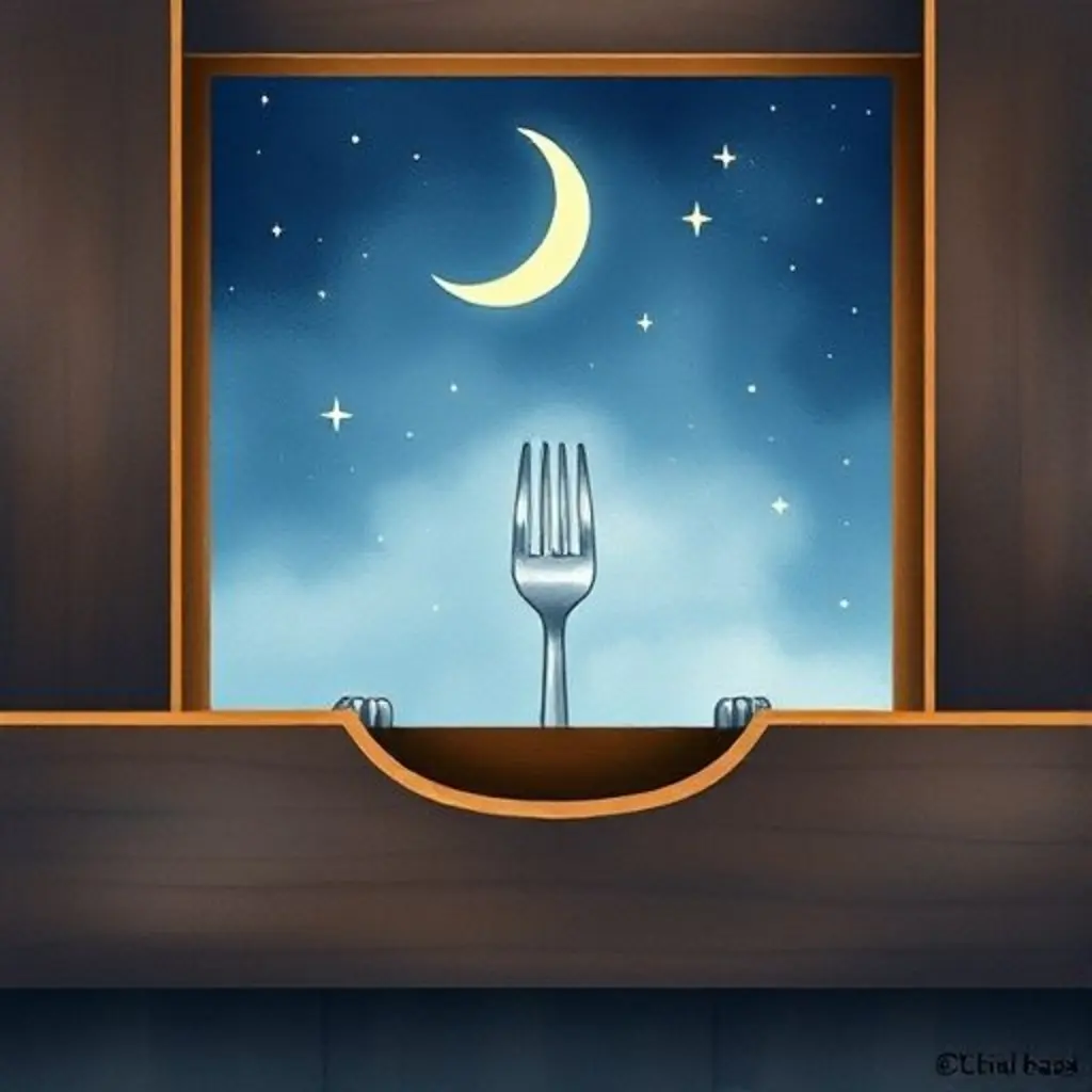 Púas, un tenedor de plástico, mira por el cajón a la luna y las estrellas.
