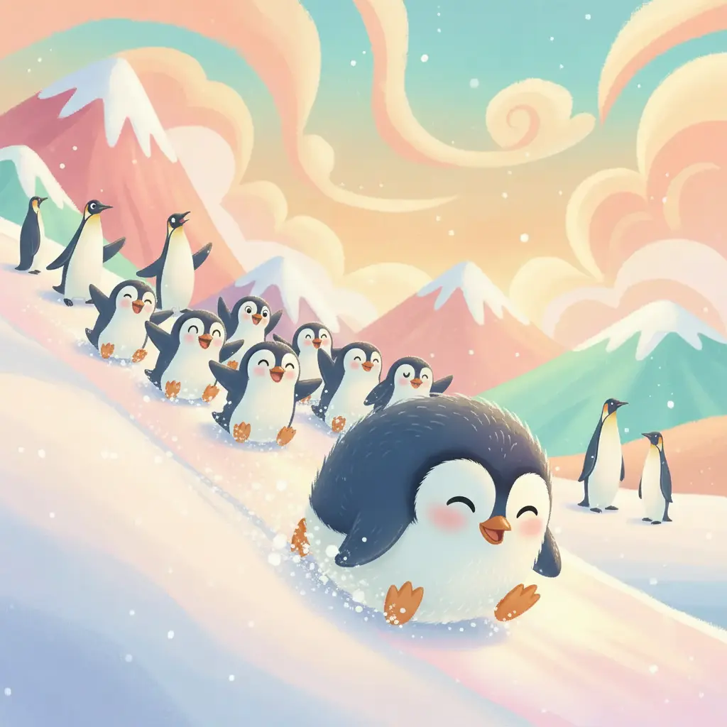 Otros pingüinos se deslizan felices por el camino liso que Pip creó.