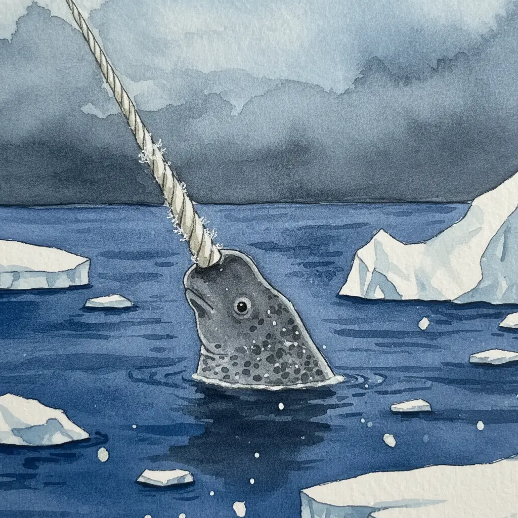 Primer plano del colmillo en espiral de un narval saliendo del agua fría.