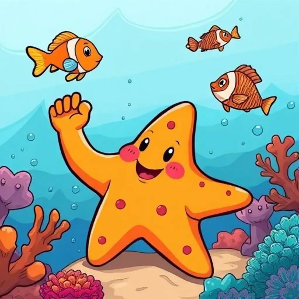 Cortita sonríe triunfante, usando su brazo corto para liberar a un pececito bebé. Los otros pececitos nadan libres y el arrecife celebra.