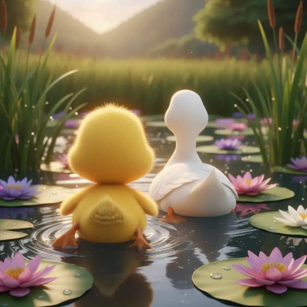 Un patito amarillo y suave chapoteando feliz detrás de su mamá pata en el estanque.