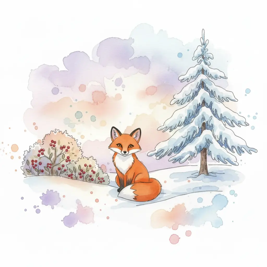 Un zorro rojo completo sentado en la nieve bajo la luz suave del atardecer.