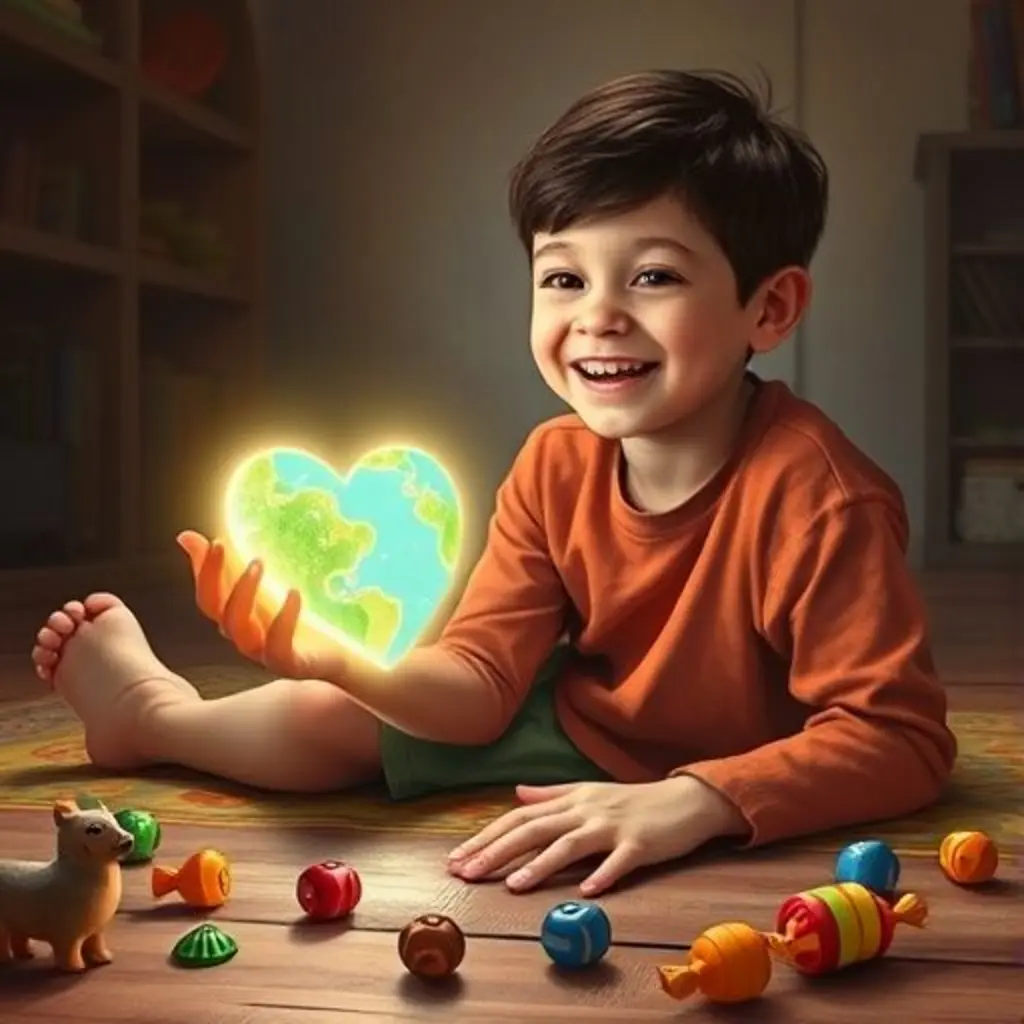 Leo sonriendo, jugando en el suelo, siguiendo el mapa imaginario que Chispa Dulce, el envoltorio de caramelo, le muestra en su mano.