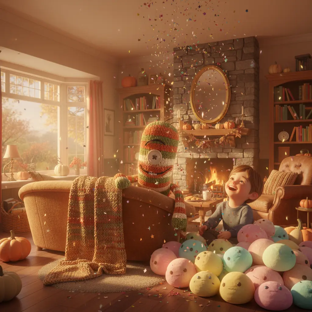 Leo y Calcetín Descarado ríen juntos, y Calcetín se une a los juguetes de Leo.