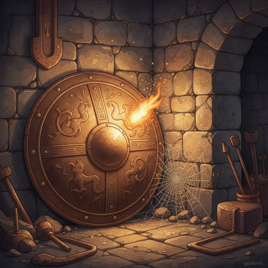 Una chispa rebelde salta del escudo de Hefesto y se dirige hacia una telaraña.