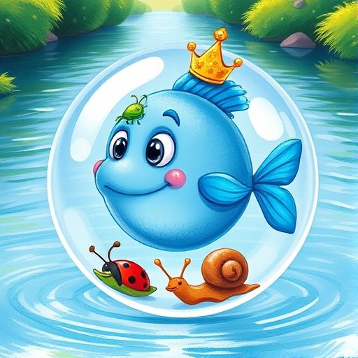 Pececito Salto comparte su burbuja flotante con el insecto, una mariquita y un caracol, todos felices.