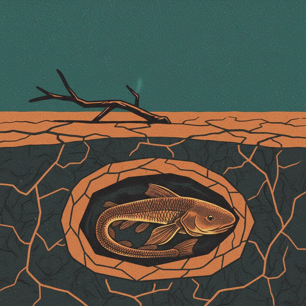 Corte transversal de la tierra mostrando al pez dormido dentro de una cápsula de barro.