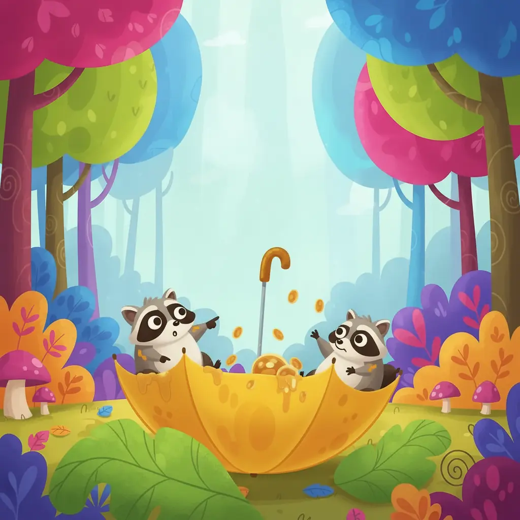 Tres mapaches curiosos descubren un paraguas amarillo en el bosque.