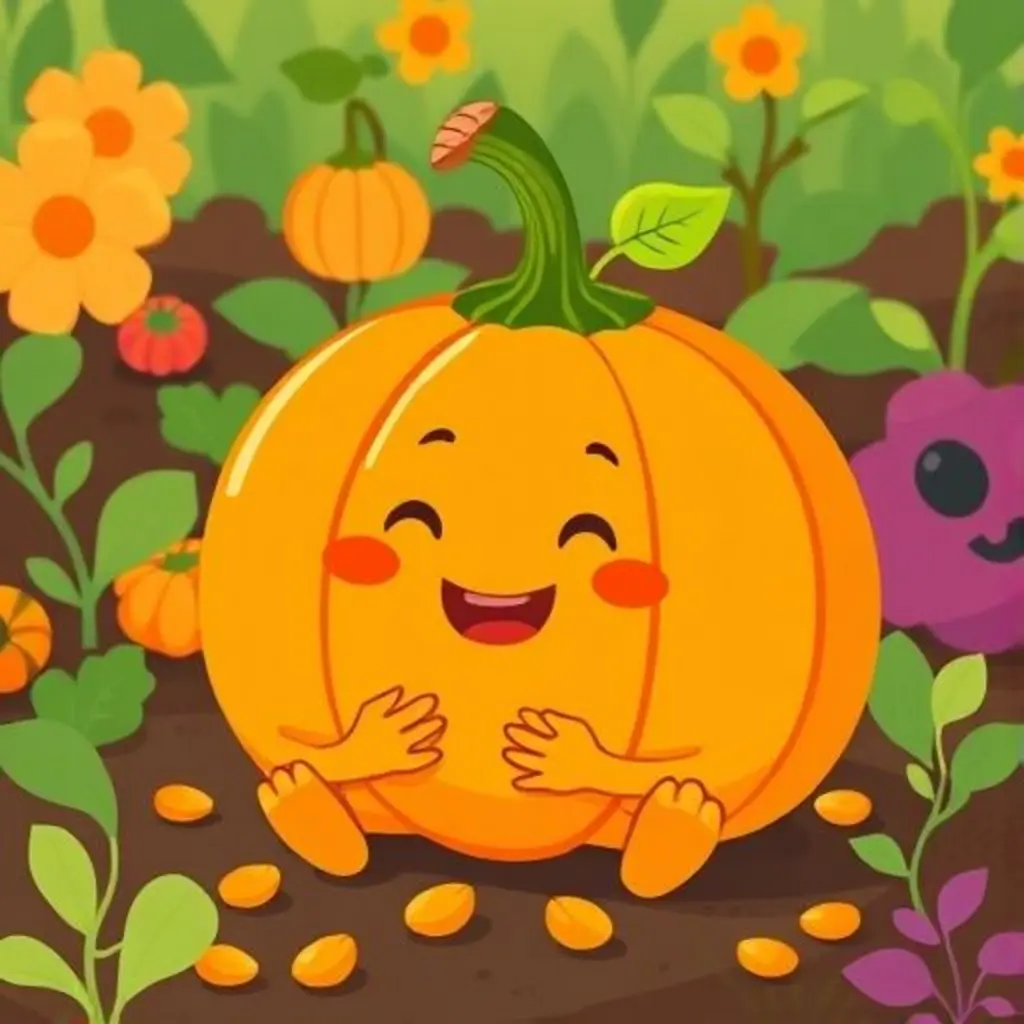 Calabacín Redondo, una calabaza redonda y feliz, mira sus semillas en el jardín.