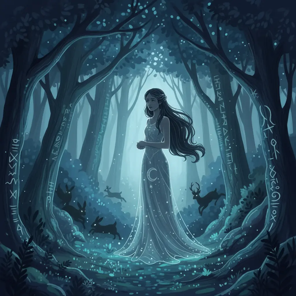 Artemisa observaba el bosque bajo la luna, sintiendo una melancolía silenciosa mientras los animales se alejaban.