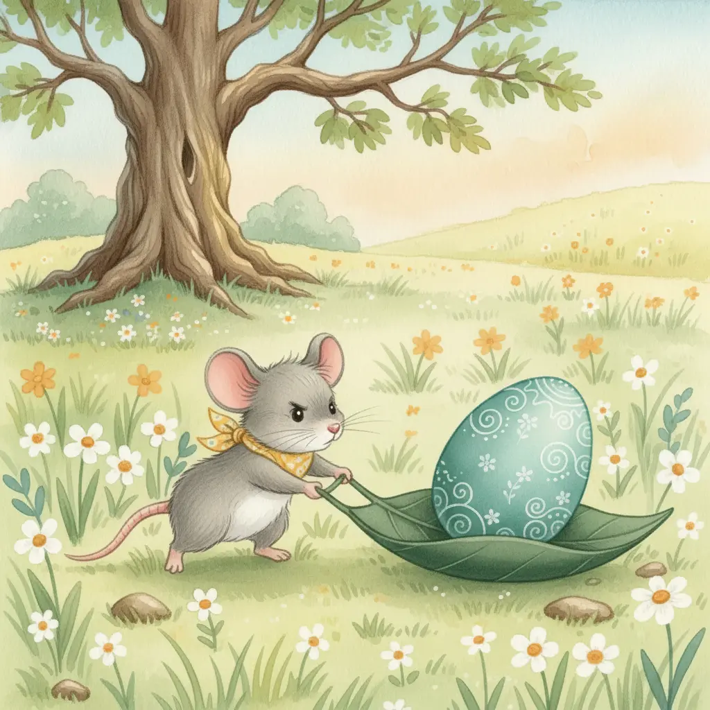 Milo tira de la hoja como si fuera un trineo llevando el huevo.