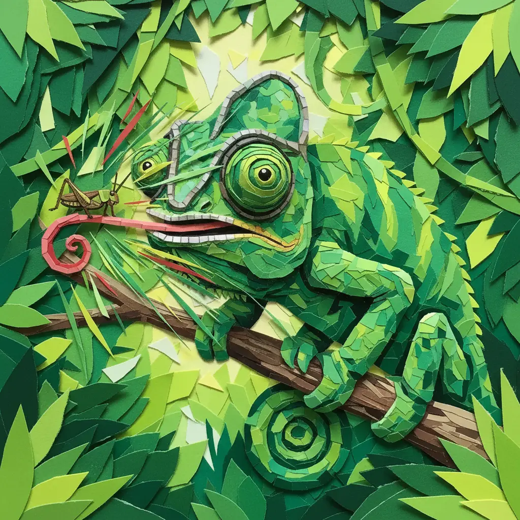 La lengua del camaleón disparándose a gran velocidad hacia el saltamontes.