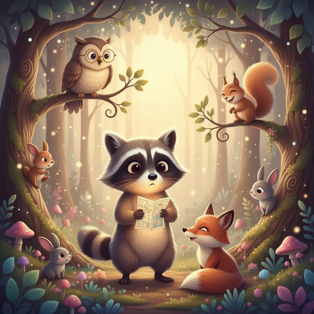 Mapache Olvidadizo, confundido, sostiene un mapa al revés mientras el Búho y la Ardilla lo miran con ternura.