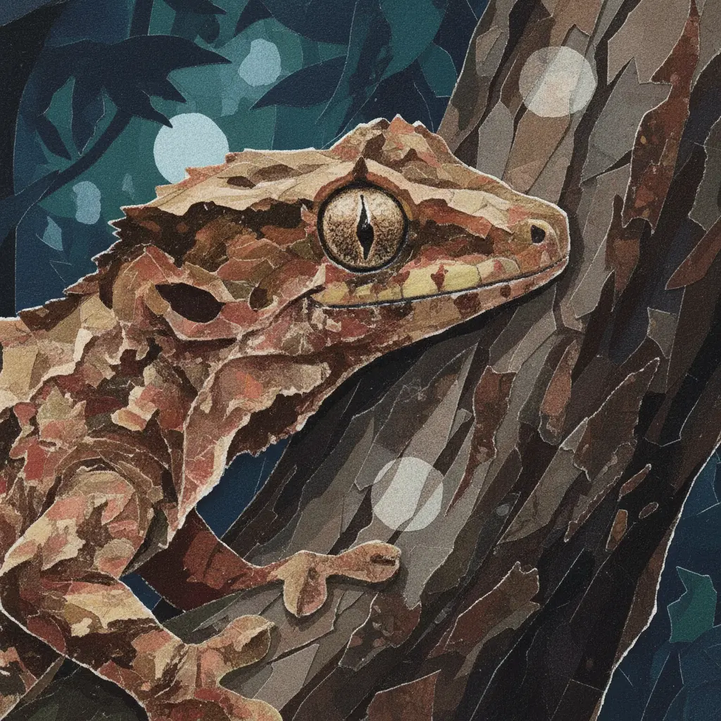 Primer plano de los ojos rayados y las patas pegajosas del gecko sobre la madera.