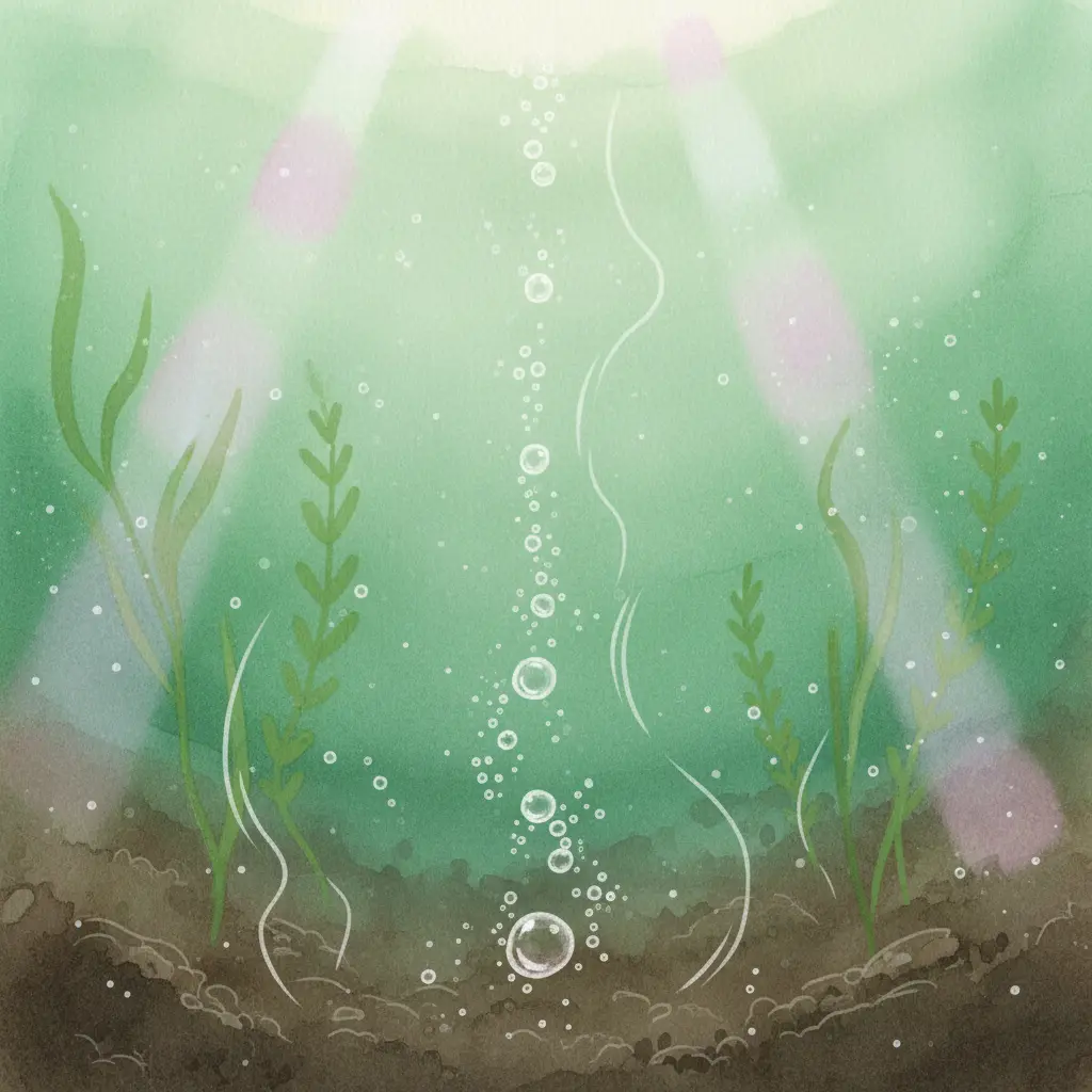 Burbujas pequeñas subiendo desde el fondo lodoso de un estanque verde.