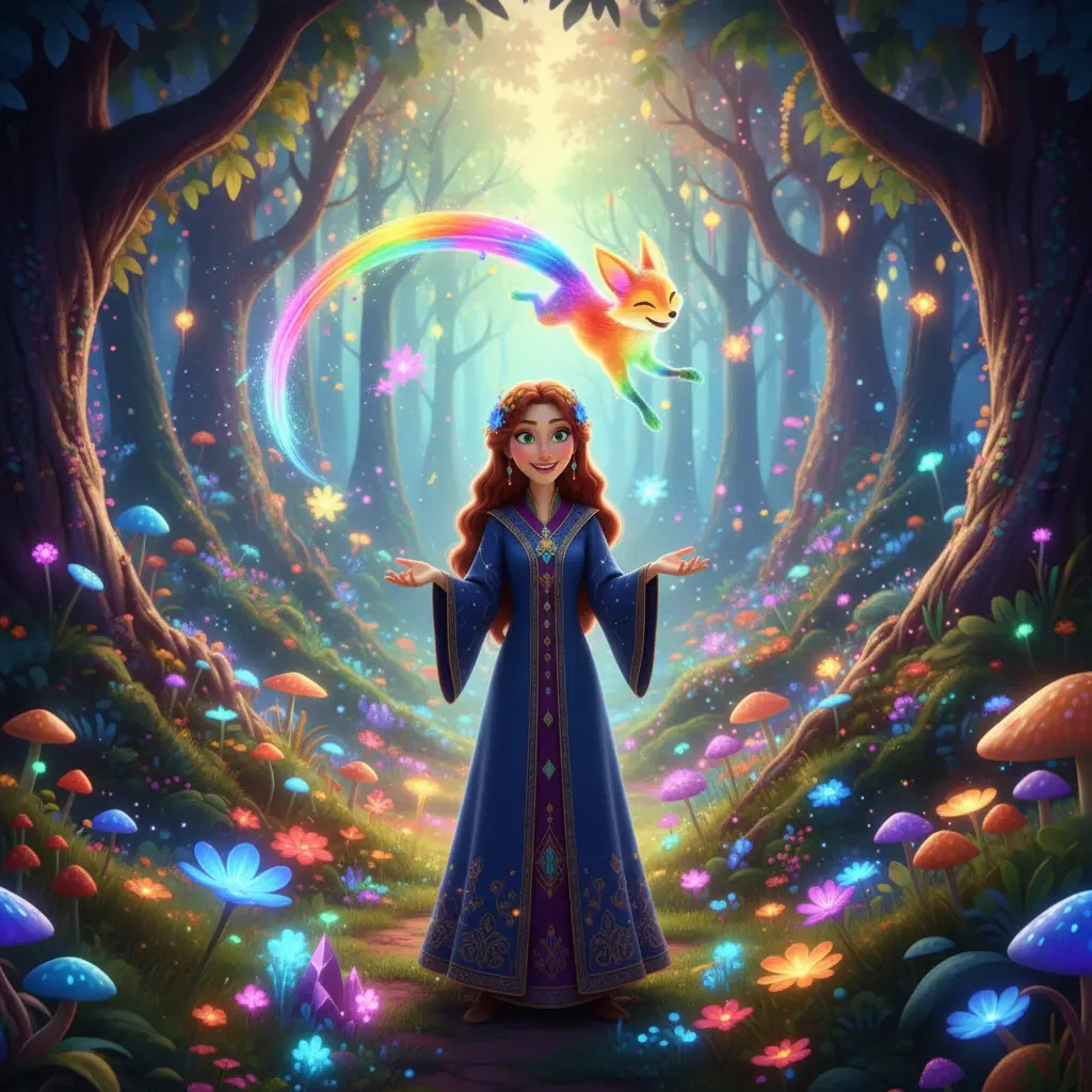 La hechicera y la criatura juegan en un bosque lleno de colores, un arcoíris caprichoso que danza con la alegría.