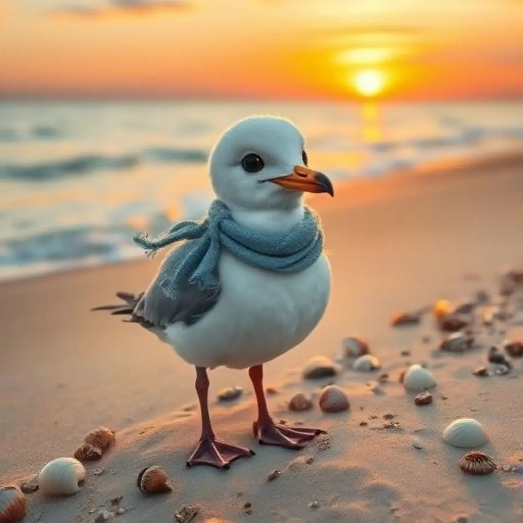 Tina la gaviota mirando el atardecer, emocionada por el día siguiente.