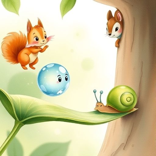 Liko, la gota de rocío, salta hacia el caracol Rulo, que la mira con asombro. Una ardilla curiosa observa desde un árbol cercano.