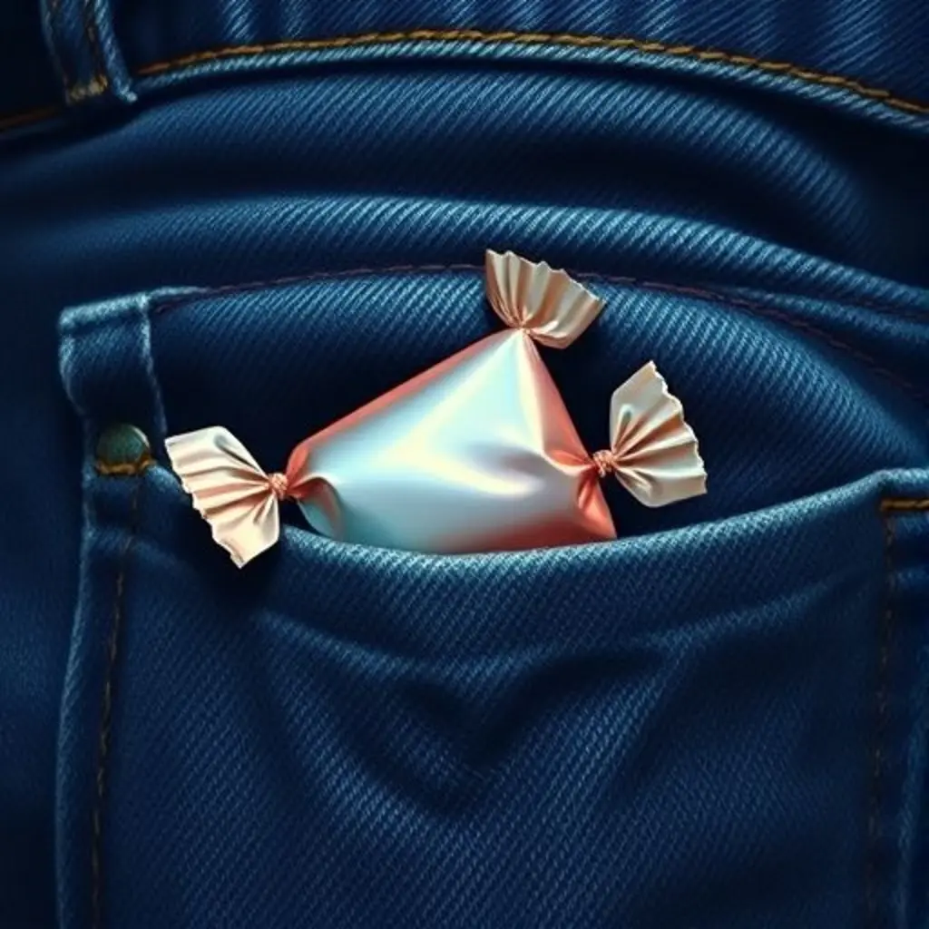 Chispa Dulce, el envoltorio de caramelo, brilla suavemente desde el interior del bolsillo del pantalón, lleno de satisfacción.