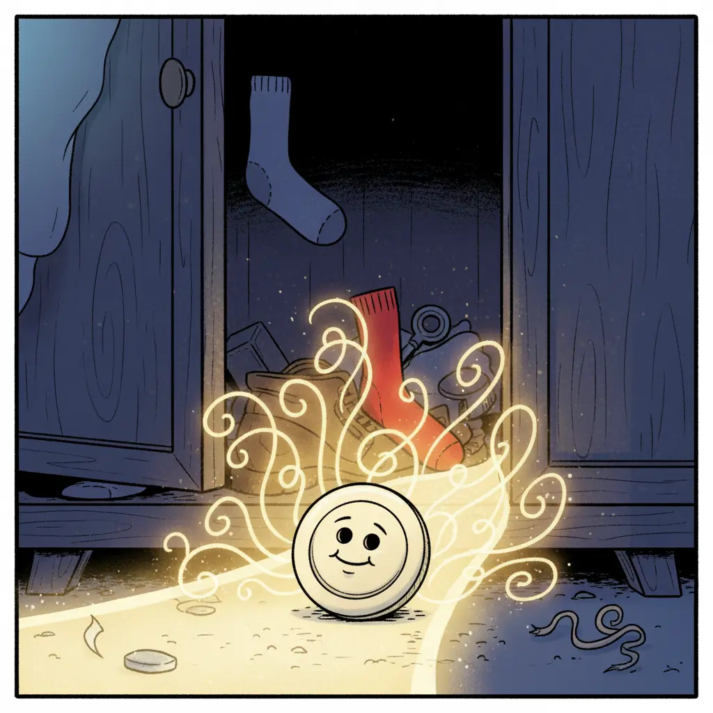 Costura, un botón determinado, rodando por un camino de luz que lo lleva a un calcetín rojo brillante.