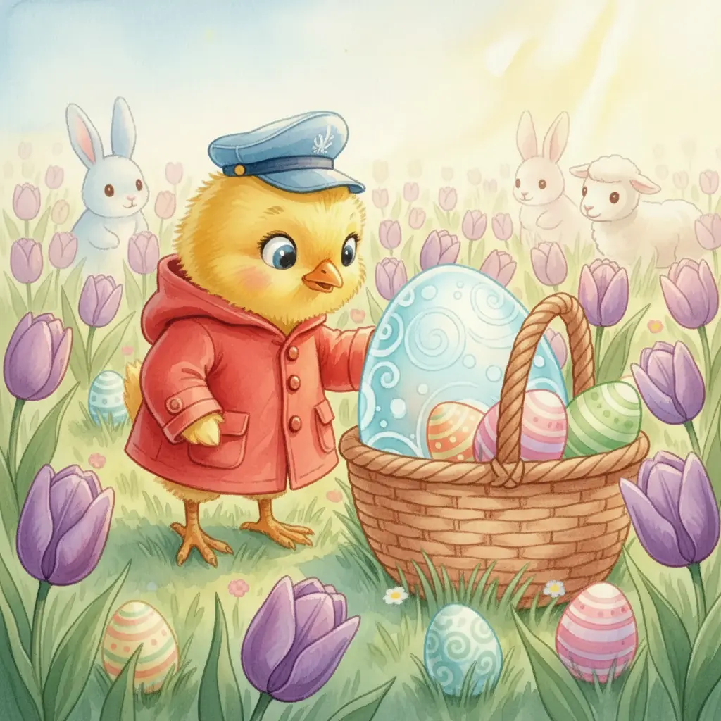 Pipo coloca el huevo azul en la cesta de Pascua completando el tesoro.