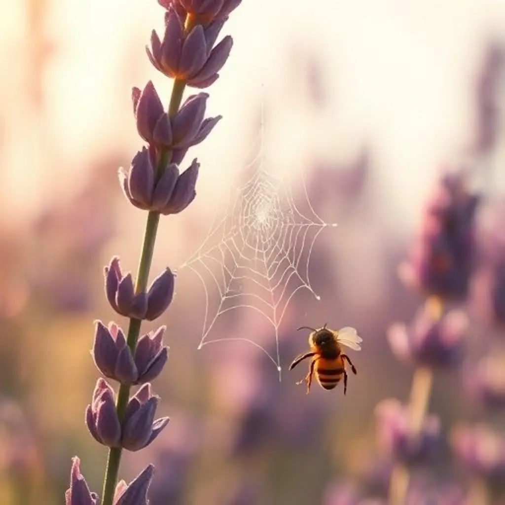 Hilitos, una hebra de telaraña brillante, vibra entre lavandas mientras una abeja la mira.