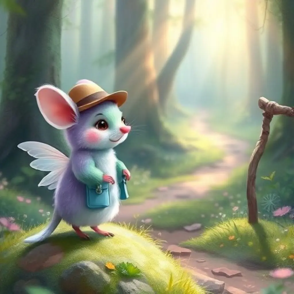 Nara frente a dos caminos en el bosque, mientras Don Tejo, un tejón sabio, la observa.