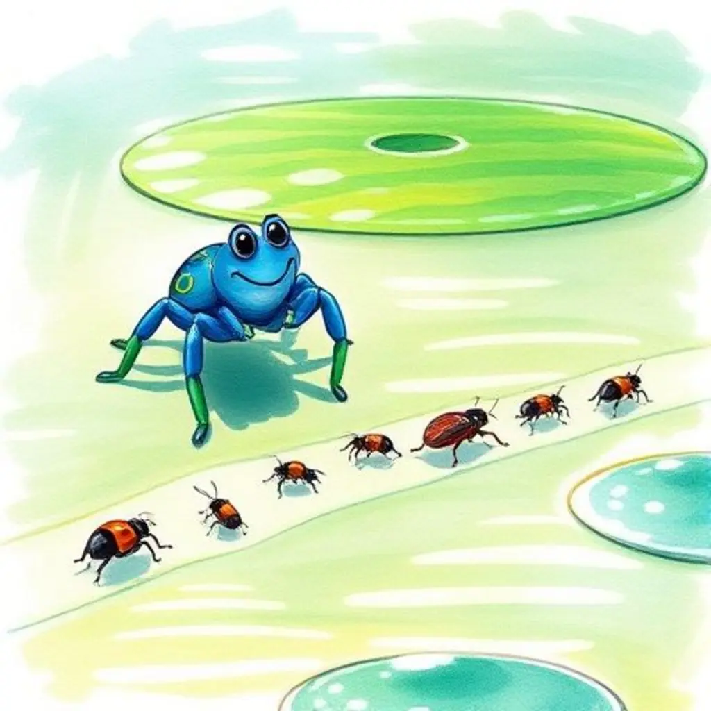 Salta sonríe mientras varios insectos cruzan el estanque sobre un puente invisible que ella creó.