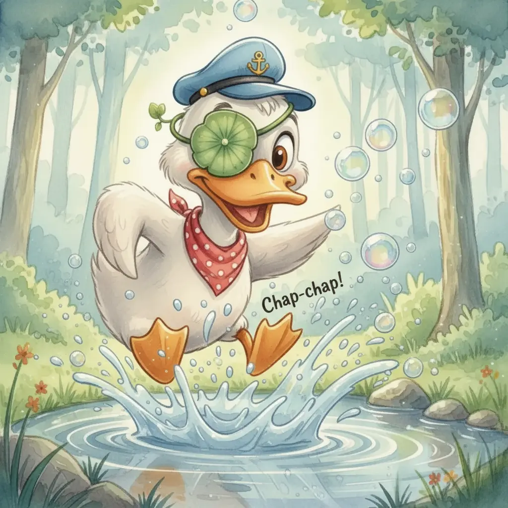 Capitán Pata-Pato chapotea alegremente en un charco, creando burbujas y destellos plateados.
