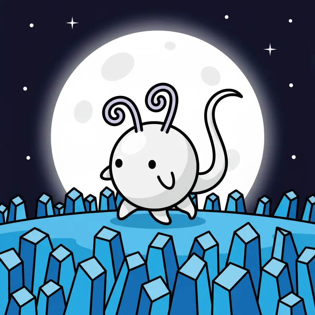Una pequeña criatura blanca y redonda con antenas largas camina por un jardín de cristal bajo la luna.