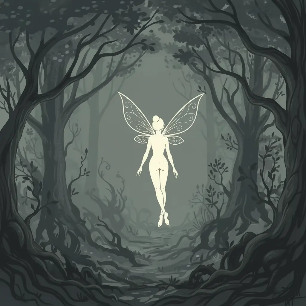 Un hada del rocío curiosa, con delicadas alas, observa un brillo lejano en un bosque misterioso.