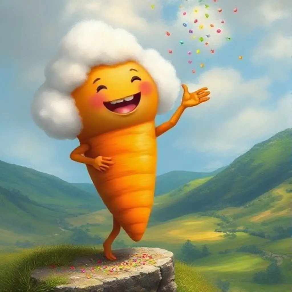 Nimbus, la nube zanahoria, esparce chispitas de colores mágicas.