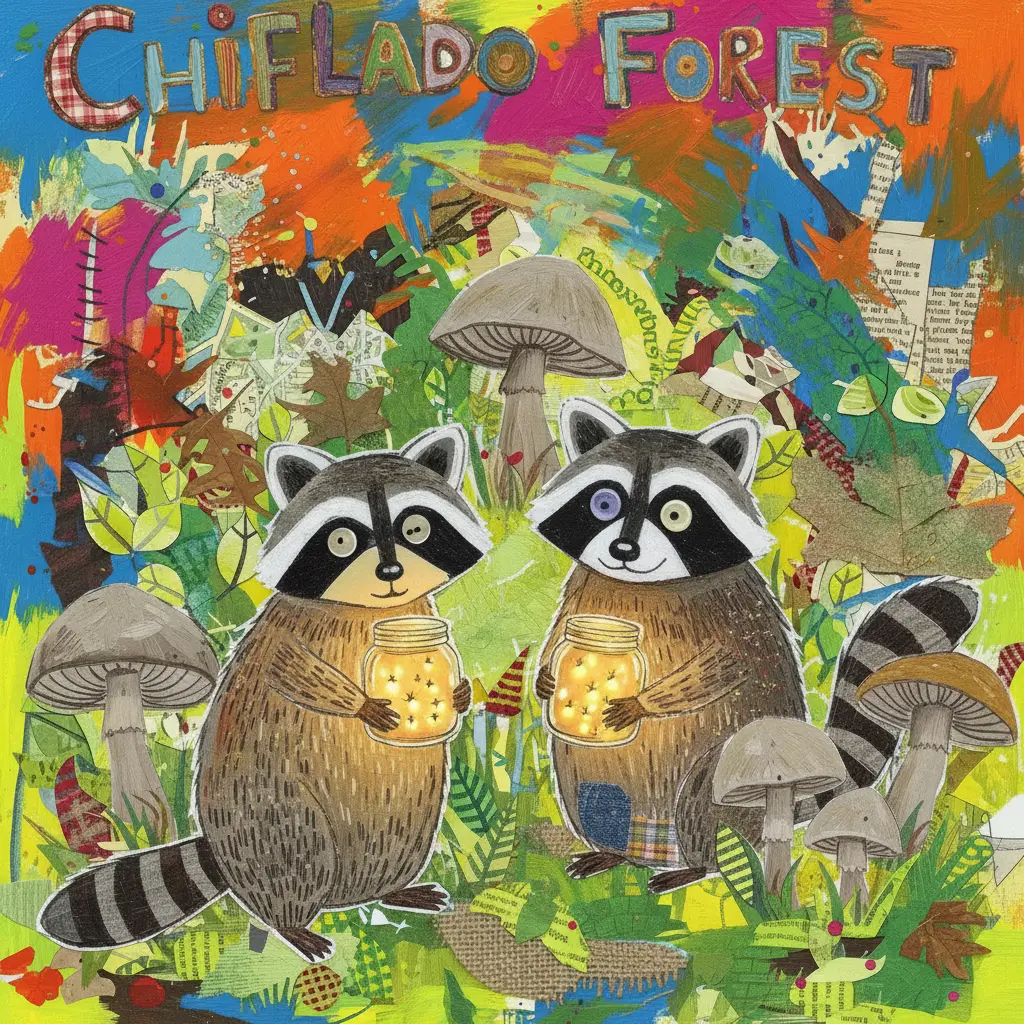 Dos mapaches curiosos con frascos llenos de luciérnagas junto a setas en el bosque.