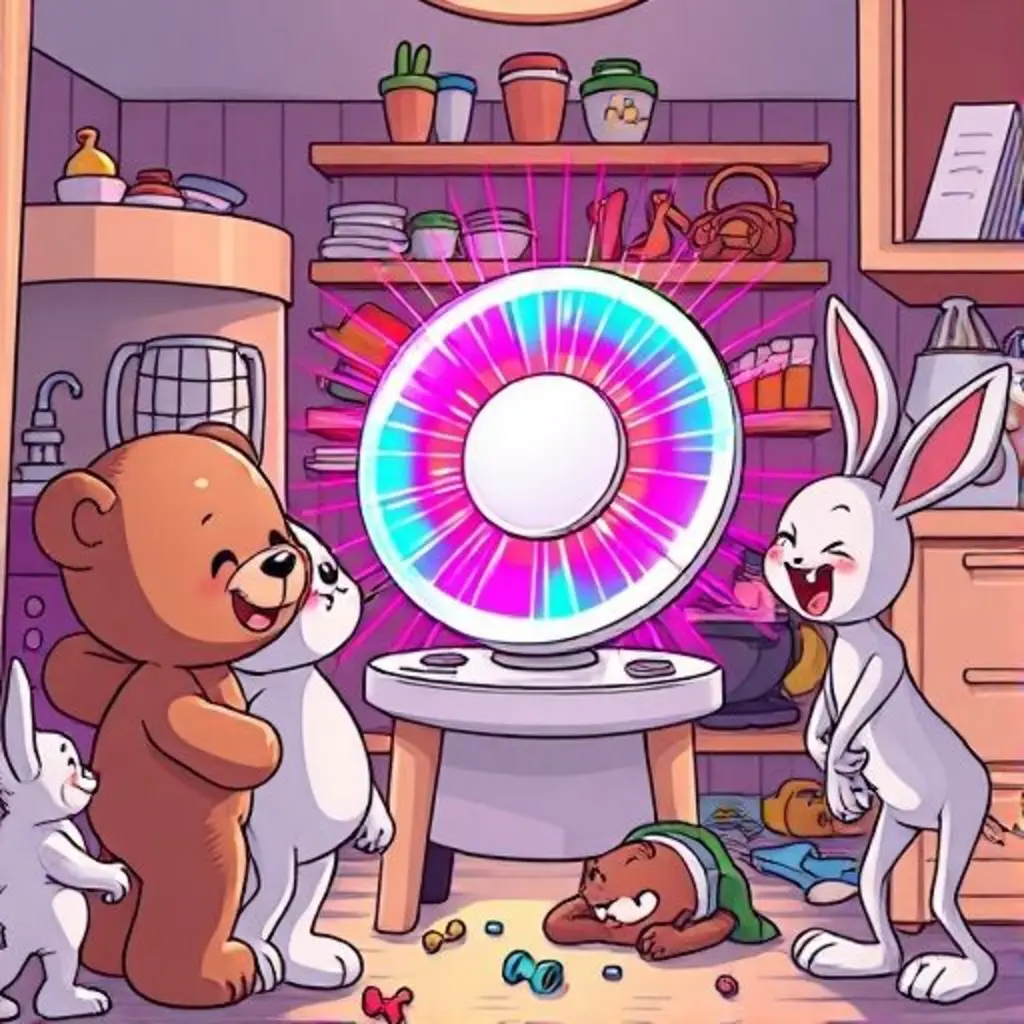 Varios juguetes, incluyendo un oso y un conejito, se unen a Banquete, riendo y jugando mientras el plato crea un festín de luces danzarinas.