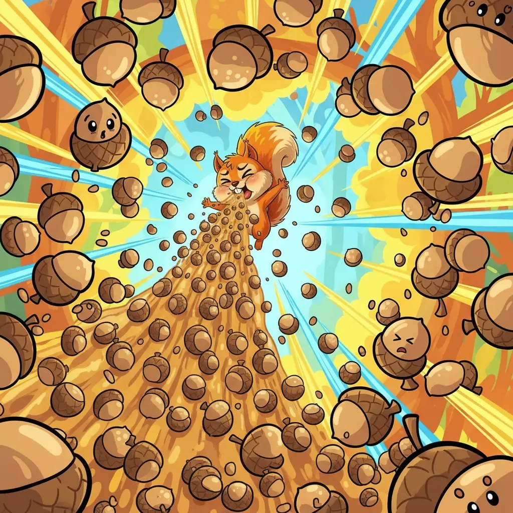 Chispita estornuda con mucha fuerza, y de su nariz salen muchísimas bellotas.